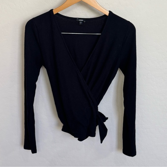 Express Tops - Express Black Ribbed Wrap Top with Tie, Size Medium